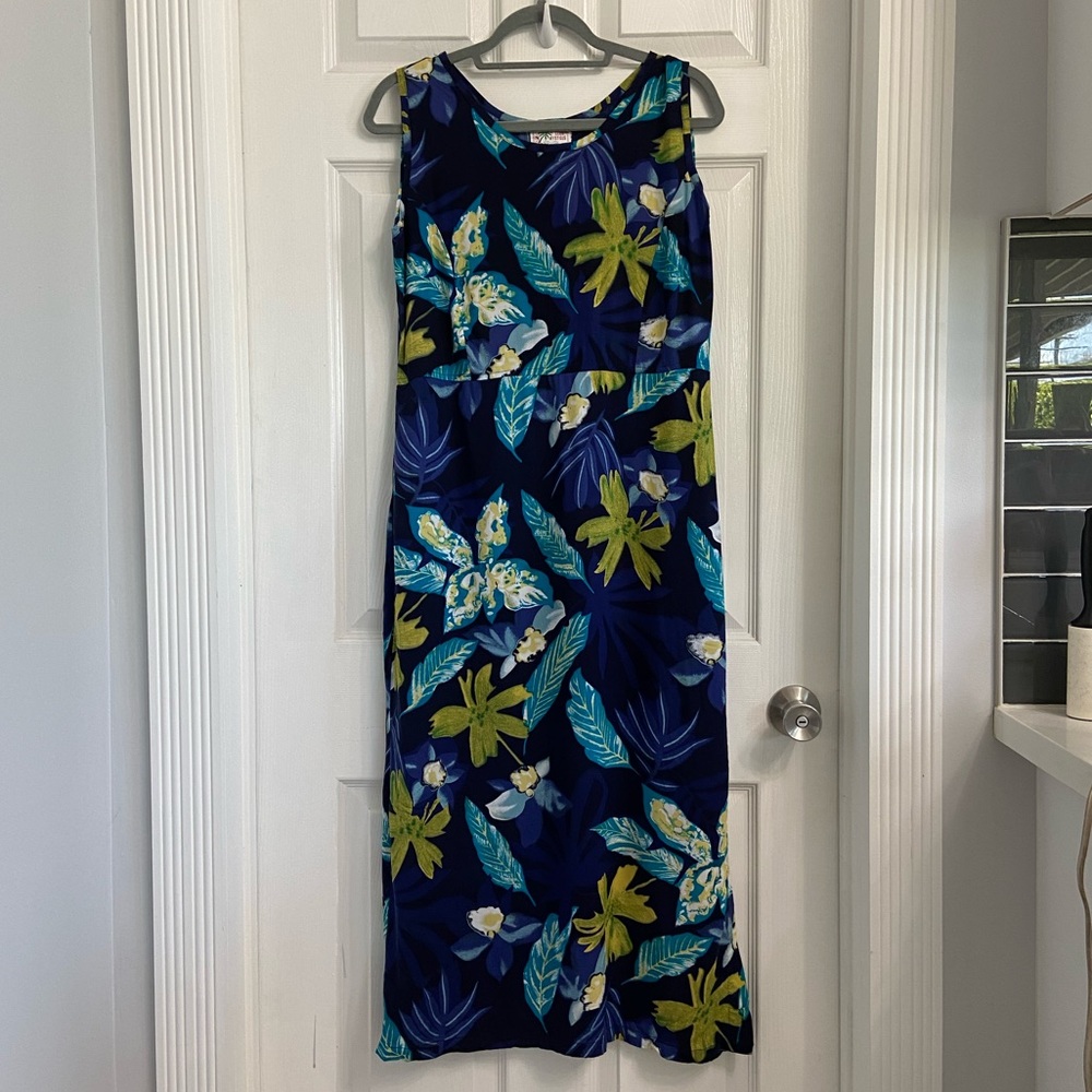Club Mystique Sheath Midi Dress Size Medium Blue & Green Tropical Floral